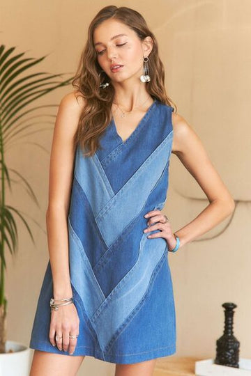 ADORA Chevron Color Block V - Neck Denim Dress - Reed + Raven