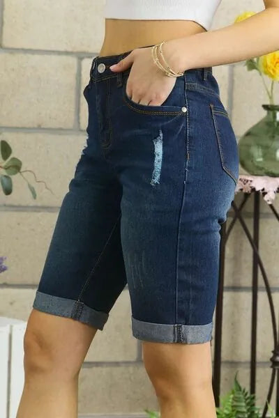 ADORA Distressed Denim Shorts with Pockets - Reed + Raven