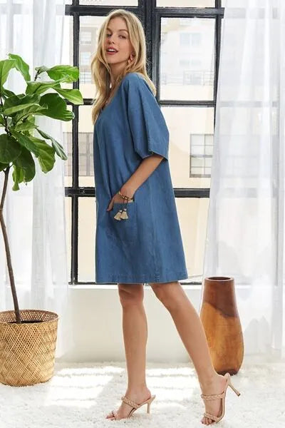 ADORA V - Neck Half Sleeve Mini Denim Dress - Reed + Raven