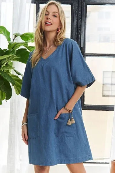ADORA V - Neck Half Sleeve Mini Denim Dress - Reed + Raven