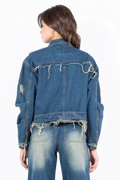 American Bazi Full Size Distressed Frayed Edge Zip Up Denim Jacket Plus Size - Reed + Raven