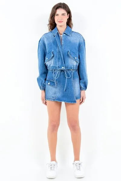 American Bazi Full Size Drop Shoulder Cropped Denim Jacket with Waist Strap Plus Size - Reed + Raven