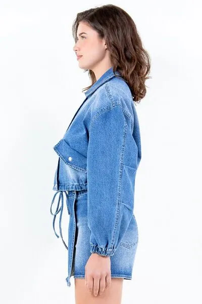 American Bazi Full Size Drop Shoulder Cropped Denim Jacket with Waist Strap Plus Size - Reed + Raven
