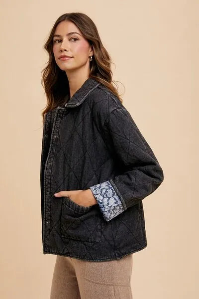 Annie Wear Quilted Printed Lining Snap Down Denim Jacket - Reed + Raven