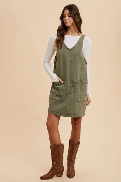 Annie Wear V - Neck Adjustable Strap Denim Overall Dress with Pockets - Reed + Raven