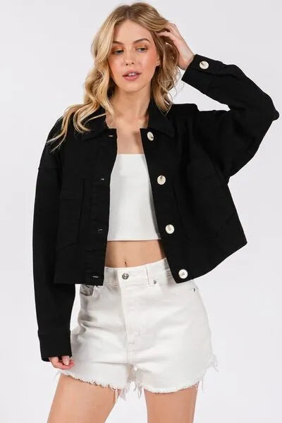bytos Button Down Cropped Denim Jacket with Patch Pockets - Reed + Raven