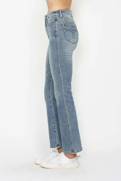 Judy Blue Full Size Tummy Control Back Embroidered Pocketed Bootcut Jeans Plus Size - Reed + Raven