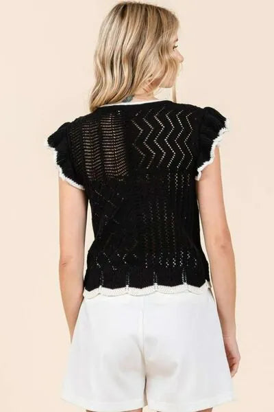 Mittoshop Openwork Contrast Trim Ruffled Cap Sleeve Knit Top - Reed + Raven
