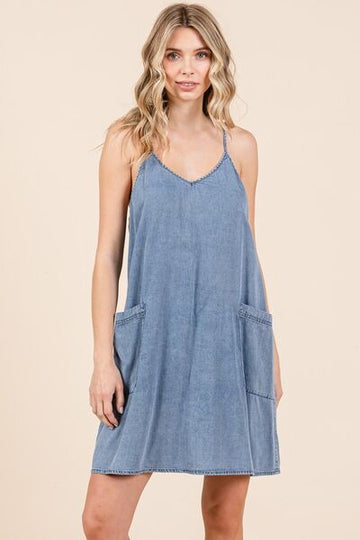Mittoshop Washed Patch Pocket Mini Cami Denim Dress - Reed + Raven