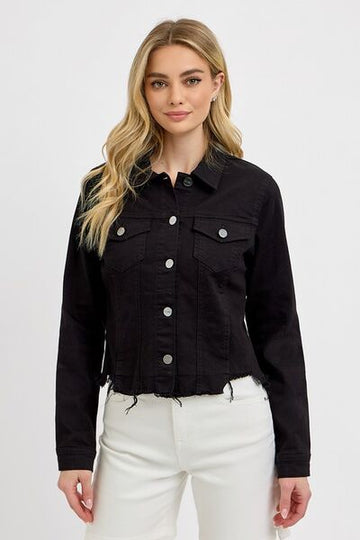 RISEN Full Size Irregular Fray Hem Button Up Denim Jacket Plus Size - Reed + Raven