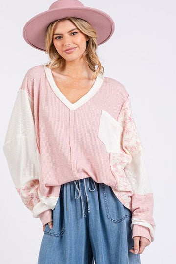 SAGE + FIG Floral Long Sleeve V - Neck Waffle Knit Top - Reed + Raven
