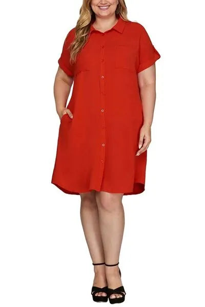 She + Sky Full Size Button Down Short Sleeve Woven Shirt Dress Plus Size - Reed + Raven