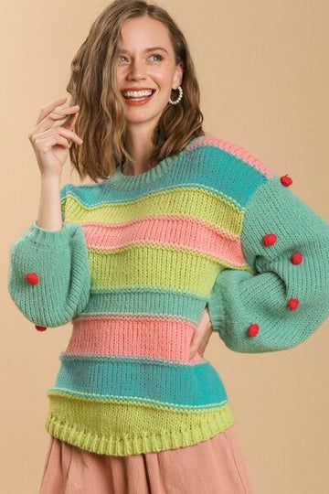 Umgee Full Size Color Block Cable Knit Sweater with Pom Pom Plus Size - Reed + Raven