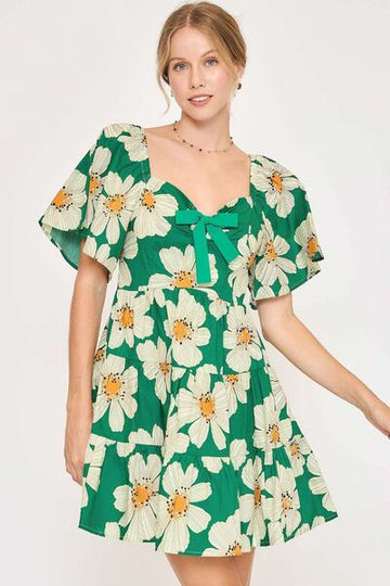 Umgee Full Size Daisy Print Mini Dress with Ribbon Details Plus Size - Reed + Raven