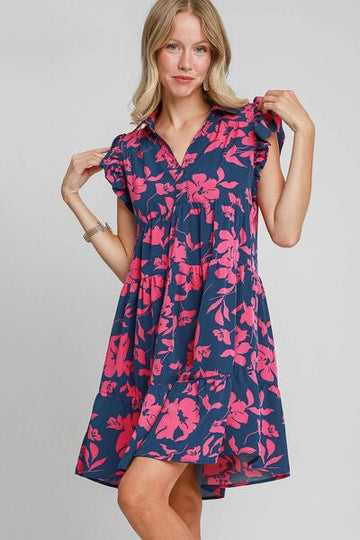 Umgee Full Size Floral Print Ruffle Cap Sleeve Tiered Dress Plus Size - Reed + Raven