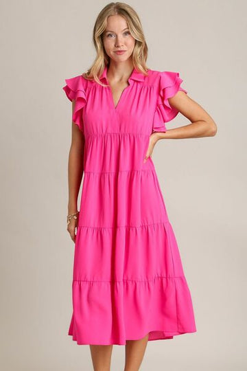 Umgee Full Size Johnny Collar Ruffle Cap Sleeve Tiered Dress Plus Size - Reed + Raven