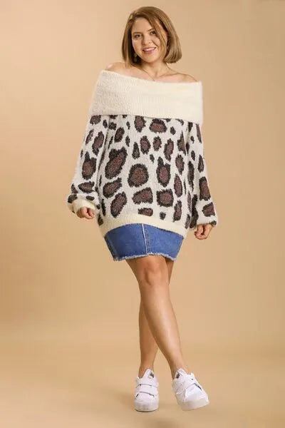 Umgee Full Size Leopard Off - Shoulder Long Sleeve Sweater Plus Size - Reed + Raven