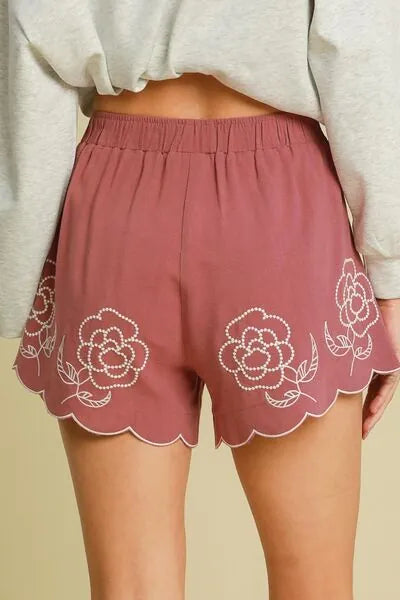 Umgee Full Size Linen Blend Shorts with Floral Embroidered Details Plus Size - Reed + Raven