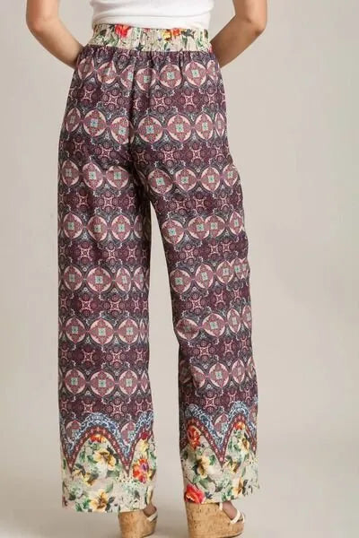 Umgee Full Size Mixed Print Elastic Waistband Pants Plus Size - Reed + Raven