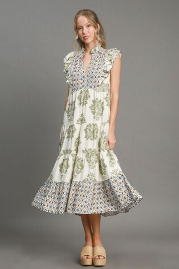 Umgee Full Size Mixed Print Ruffle Cap Sleeve Midi Dress Plus Size - Reed + Raven