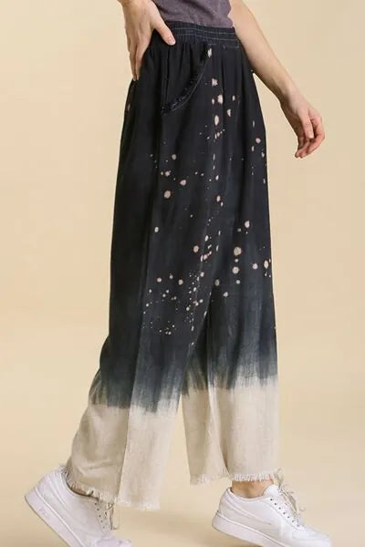 Umgee Full Size Raw Hem Linen Blend Bleach Dip Dye Wide Leg Pants Plus Size - Reed + Raven
