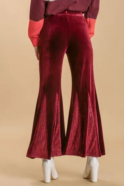 Umgee Full Size Sequin Elastic Waist Velvet Stretch Flare Leg Pants Plus Size - Reed + Raven