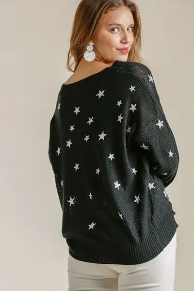 Umgee Full Size Star V - Neck Long Sleeve Sweater Plus Size - Reed + Raven