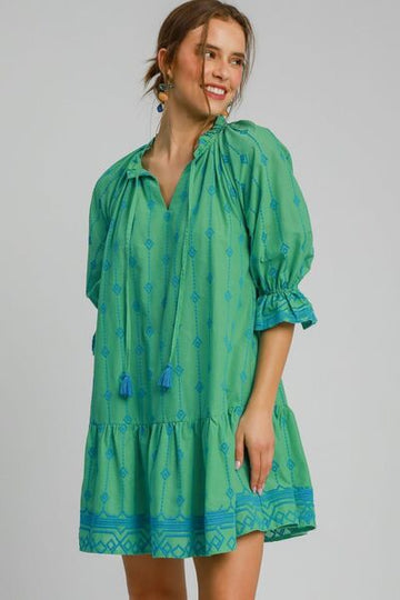 Umgee Full Size Tassel Embroidered Flounce Sleeve Mini Dress Plus Size - Reed + Raven