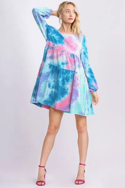 Umgee Full Size Tie Dye Round Neck Long Sleeve Babydoll Tiered Dress Plus Size - Reed + Raven