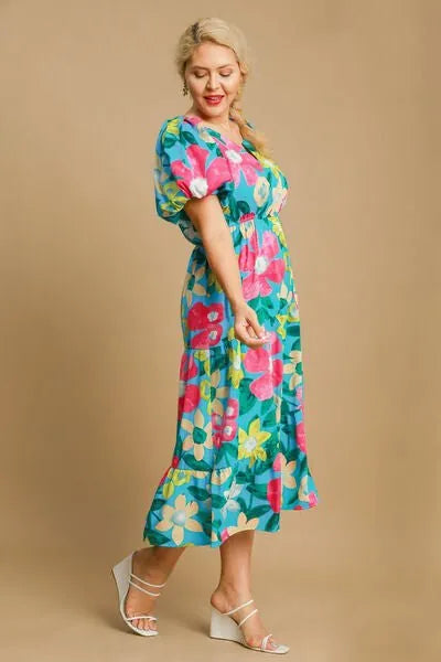 Umgee Full Size Tiered Floral Print Notched Puff Sleeve Midi Dress Plus Size - Reed + Raven