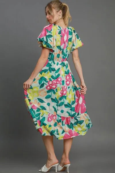 Umgee Full Size Tiered Floral Print Notched Puff Sleeve Midi Dress Plus Size - Reed + Raven