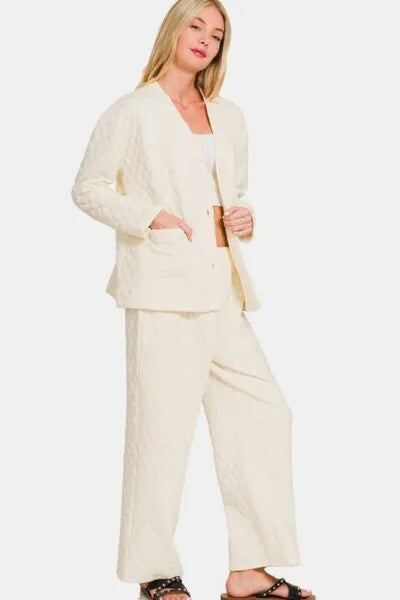 Zenana Quilted Button Up Long Sleeve Top and Pants Lounge Set - Reed + Raven