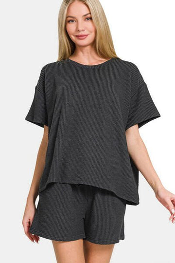 Zenana Rib Short Sleeve T-Shirt and Shorts Set - Reed + Raven
