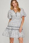 She + Sky Full Size Printed V-Neck Puff Sleeve Tiered Dress Plus Size