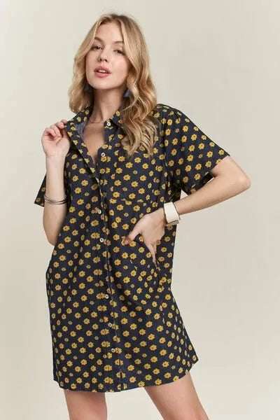 ADORA Floral Button - Up Mini Denim Dress - Reed + Raven