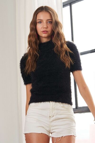 ADORA Fuzzy Mock Neck Short Sleeve Sweater - Reed + Raven