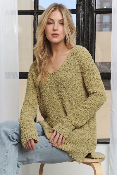 ADORA High - Low Side Slit V - Neck Sweater - Reed + Raven
