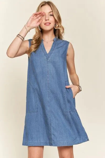 ADORA Notched Sleeveless Denim Dress with Pockets - Reed + Raven
