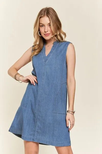 ADORA Notched Sleeveless Denim Dress with Pockets - Reed + Raven