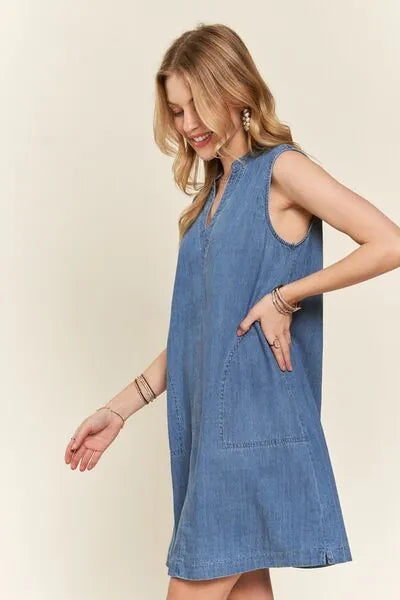 ADORA Notched Sleeveless Denim Dress with Pockets - Reed + Raven