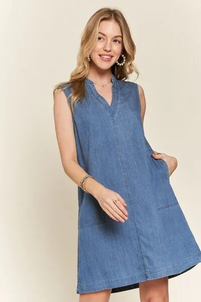 ADORA Notched Sleeveless Denim Dress with Pockets - Reed + Raven