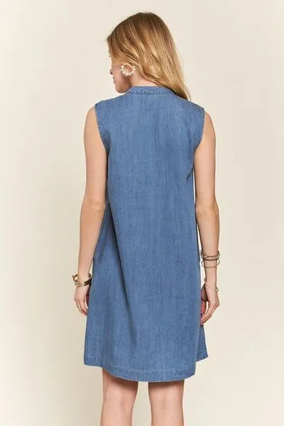 ADORA Notched Sleeveless Denim Dress with Pockets - Reed + Raven