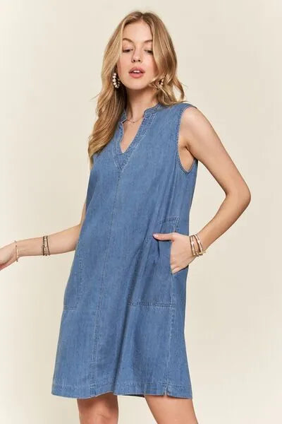 ADORA Notched Sleeveless Denim Dress with Pockets - Reed + Raven