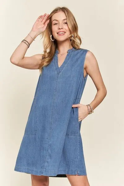 ADORA Notched Sleeveless Denim Dress with Pockets - Reed + Raven