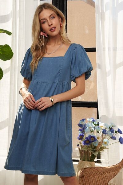 ADORA Square Neck Puff Sleeve Denim Dress - Reed + Raven