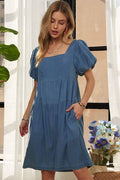 ADORA Square Neck Puff Sleeve Denim Dress - Reed + Raven