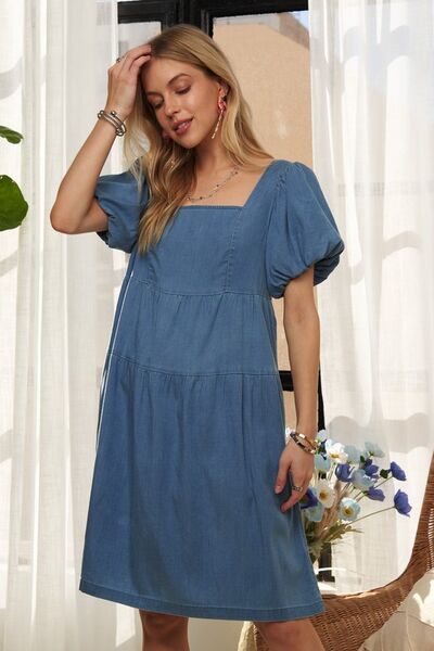 ADORA Square Neck Puff Sleeve Denim Dress - Reed + Raven