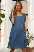 ADORA Square Neck Puff Sleeve Denim Dress - Reed + Raven