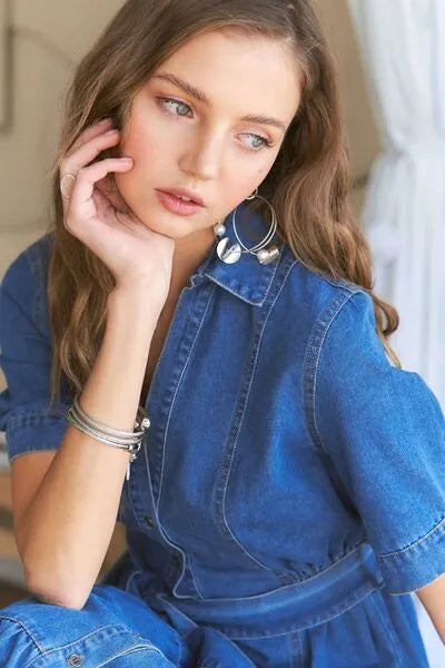 ADORA Tiered Button Down Tie Waist Short Sleeve Denim Dress - Reed + Raven