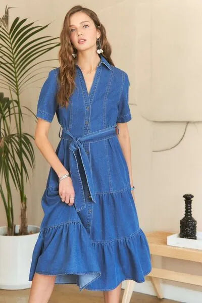 ADORA Tiered Button Down Tie Waist Short Sleeve Denim Dress - Reed + Raven